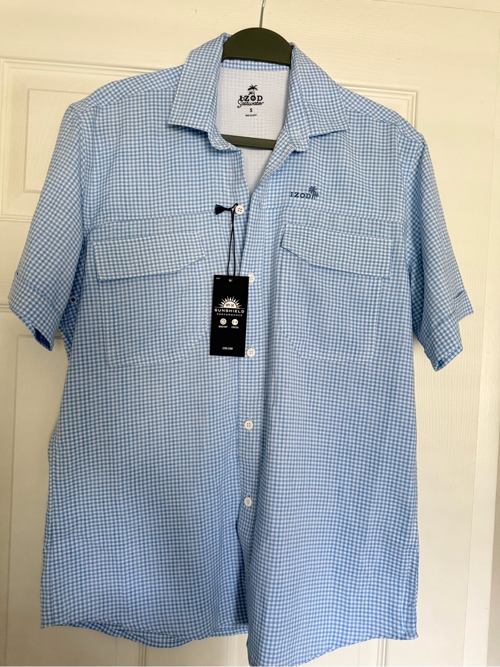 Izod Short Sleeve Button-Front Shirt. azure Blue.
